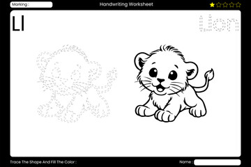L. Cute Lion Coloring Page for Kids. Printable Vocabulary Builder. Educational Vector Worksheet