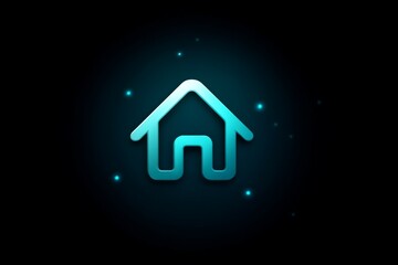 Glowing blue home icon on black background with neon light spots