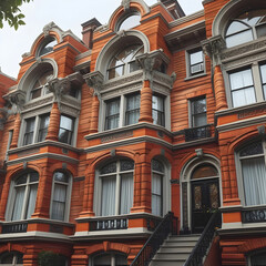 Obraz premium A narrow two-story townhouse with rooftop solar panels.