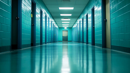 Teal hallway doors corridor perspective architecture interior school hospital building design bright lights