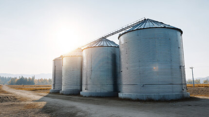 Metal grain silos storing harvested crops in an agricultural farm at sunset, representing advanced farming techniques