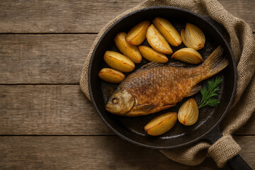 Whole fried fish served with roasted potatoes and onions in cast iron pan on wooden table. Rustic home-cooked meal with crispy texture and golden brown color, top view