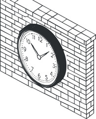 Black and white illustration of a round analog clock mounted on a brick wall showing time at 1:50