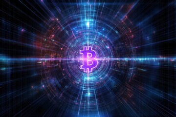 Obraz premium Digital Bitcoin symbol in a futuristic, glowing, interconnected network. Circling light effects and lines around a central Bitcoin logo