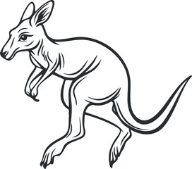 Black and white line art illustration of a kangaroo in profile, showing its characteristic long tail and large ears.
