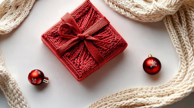 Cozy christmas gift with red ornament and knitted scarf in festive setting
