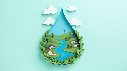 Obraz premium Vector image of a water drop with lush green hills, a river, wind turbines and cozy houses inside.