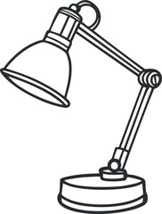 Black and white line drawing of an adjustable desk lamp with a round base and angled arm for focused lighting