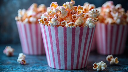 Pink striped popcorn in paper cups