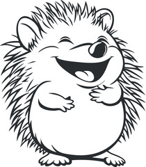 Happy cartoon hedgehog with spiky fur smiling and laughing in black and white illustration