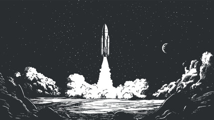 Black and white illustration of a rocket launching at night with stars and moon in the sky © vadymstock