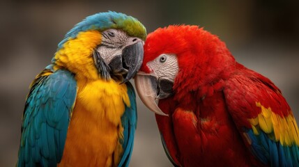 Obraz premium Macaw Pair: Colorful Tropical Birds Close-Up