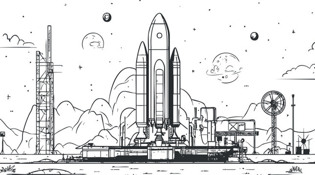 Black and white illustration of a rocket on a launchpad with mountains and planets in the background, symbolizing space exploration and technology.