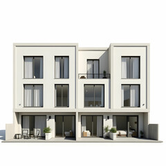 A Scandinavian-style townhouse row featuring minimalist design, large glass doors.
