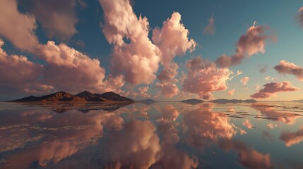 Expansive salt flat of Salar de Uyuni in Bolivia reflecting pink clouds during dramatic evening light

