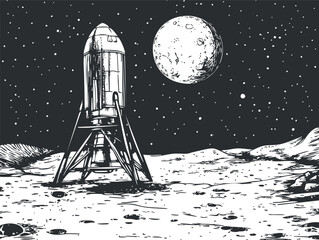 Black and white illustration of a rocket lander on the moon surface with stars and the Earth visible in the background © vadymstock