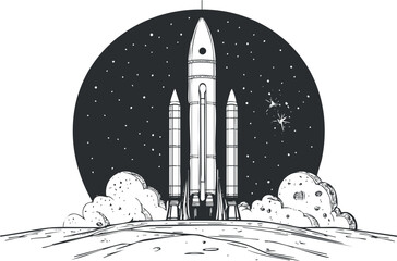 Black and white illustration of a rocket launching from the moon with stars and space background. © vadymstock