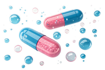 Floating capsules in blue and pink tones pharmaceutical concept of medication and treatment for health and wellness with transparent background - generated by ai