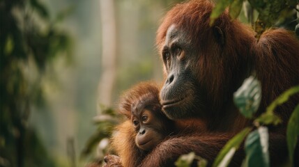 Naklejka premium Orangutan Mother and Baby in Rainforest Canopy
