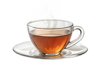 Naklejka premium Glass cup of hot tea on saucer, A transparent glass cup filled with hot tea, placed on a matching glass saucer, isolated on a transparent background - generated by ai