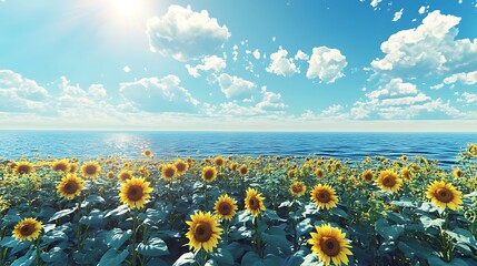 Fototapeta premium Picturesque sunflower field meeting the endless blue sea on a sunny afternoon generative ai