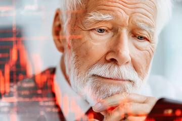 Elderly man looking to smartphone screen. Concentrated and anxious senior tracking stock market, checking value of his retirement fund. Crisis, personal finance, money management