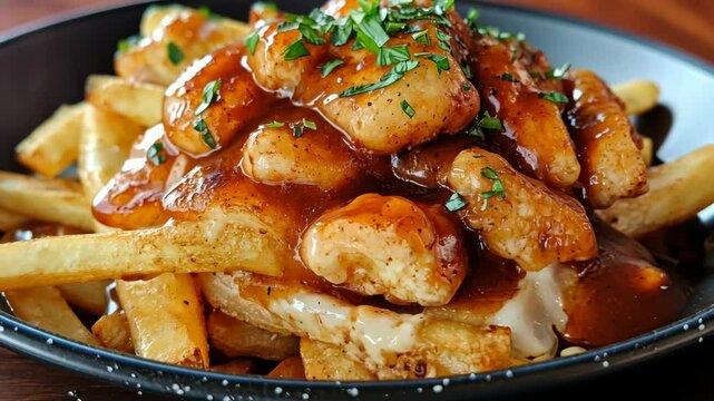 Tempting chicken poutine drizzled with rich gravy and garnished with fresh herbs