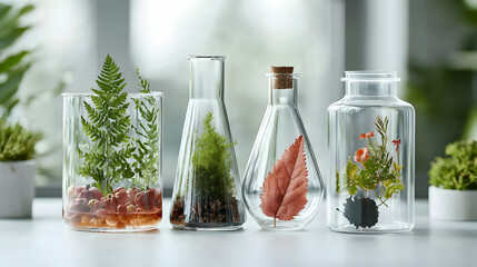 Botanical art displays showcasing plants and leaves inside glass vessels. Perfect for scientific decor or nature-inspired home design. Use for stylish interior accents.