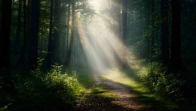 Dawn of the distant path a serene forest sunrise