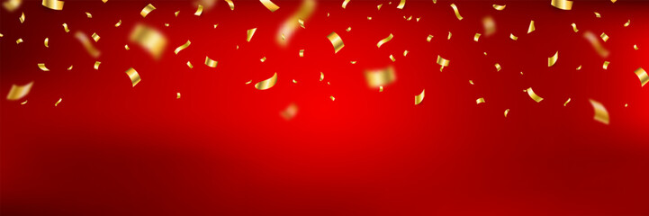 Obraz premium Gold confetti falling on red background. Celebration, birthday party or festive design. Christmas frame. Holiday, anniversary banner. Bright and elegant style. Vector illustration