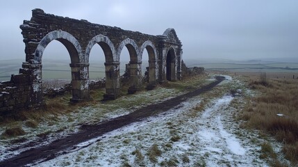 A long, arched stone structure is covered in snow. The snow is piled up on the ground, and the structure is surrounded by a field. The scene has a sense of solitude and quietness