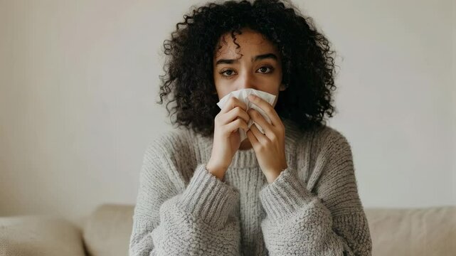Curly haired woman resting on beige sofa, blowing nose with white tissue while battling seasonal flu, feeling unwell and seeking comfort indoors
