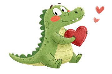 A cute green crocodile plush holding a heart, isolated on transparent background - generated by ai