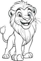 Black and white cartoon illustration of a happy young lion with a big mane smiling