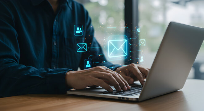 Email marketing strategy laptop user sending email newsletter digital communication campaign connection