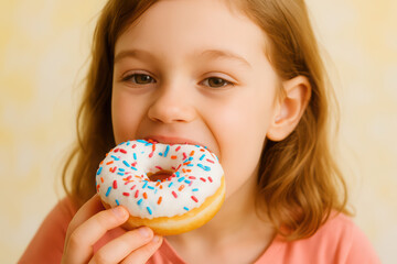 National Donut , Doughnut day. Girl eat donuts with icing