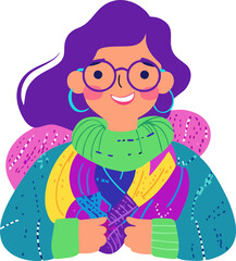 Fototapeta premium Stylish Multiethnic Woman in Colorful Winter Scarf – Naive Flat Vector SVG for Holiday Cards, Fashion Blogs, and Cold Weather Campaigns in Cozy Bright Warm Tones