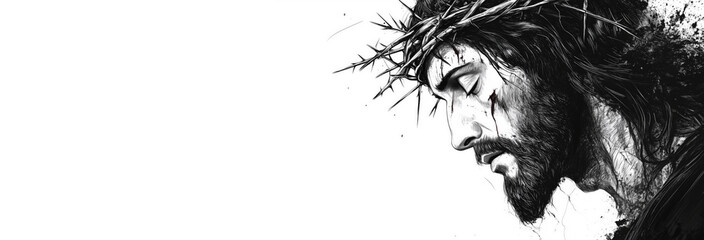 A detailed black-and-white drawing of Jesus wearing the crown of thorns