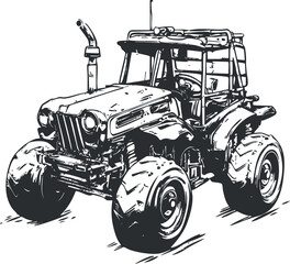 Black and white illustration of a vintage agricultural tractor used for farming and heavy outdoor work