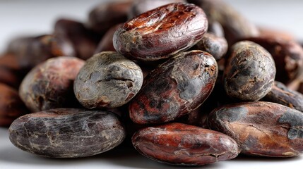 Obraz premium Close-up view of roasted cacao beans on a clean white background for culinary use