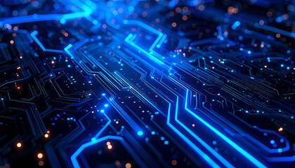 A tech-inspired portrait wallpaper displaying a 3D circuit board pattern, neon blue