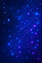 Obraz premium Abstract glowing light trails and dots against a blue and purple gradient background, evoking modern technology and data flow.