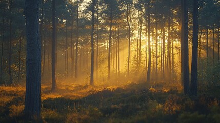 Obraz premium Sunrise in Pine Forest, Misty Morning, Golden Light