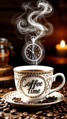 Steamed coffee cup in the form of a clock showing the time for coffee, cozy atmosphere, coffee time concept, warm colors.