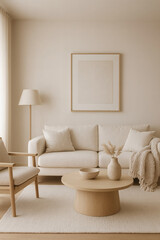 Calming minimalist living space with natural light. Beige hues create serene atmosphere. Artwork, sofa and soft textures evoke relaxation.