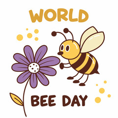 World Bee Day Illustration: A cheerful cartoon bee buzzing around a purple flower with the text "World Bee Day" in a whimsical design.  