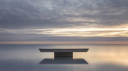 Serene Minimalist Seascape, Concrete Bench at Sunset
