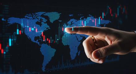 A hand points to a world map with stock market indicators displayed on a dark blue background screen