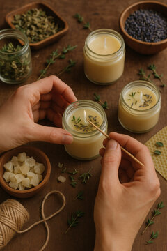 Handmade Candles with Herbs and Flowers: A Creative Crafting Process for DIY Home Decor and Aromatherapy.