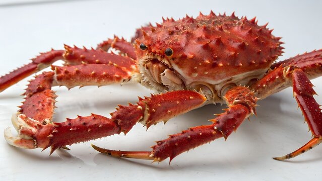 Close-up of a Red King Crab (Paralithodes camtschaticus) on a White Surface